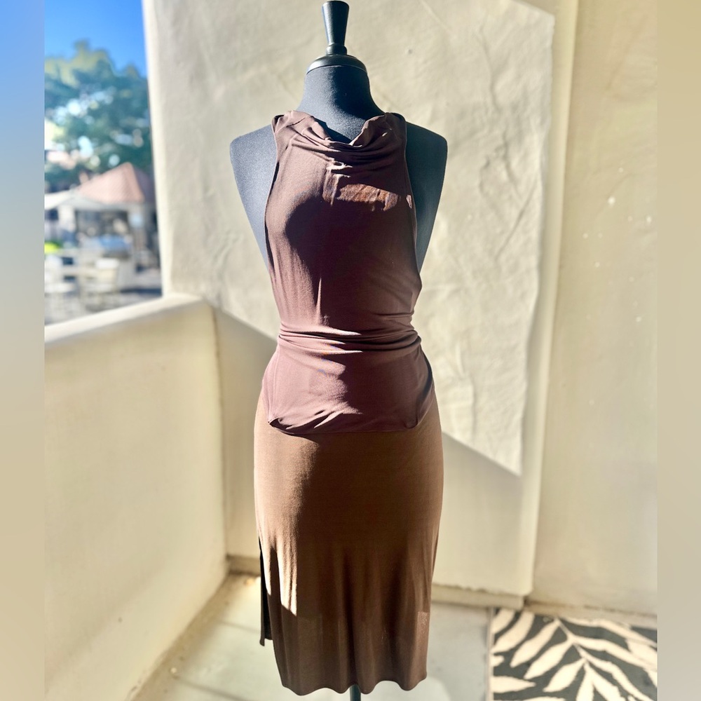 YIGAL AZROUEL Vintage Y2K Brown Halter Backless Skirt Set